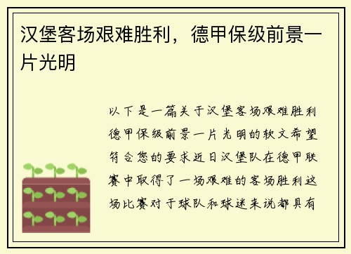汉堡客场艰难胜利，德甲保级前景一片光明